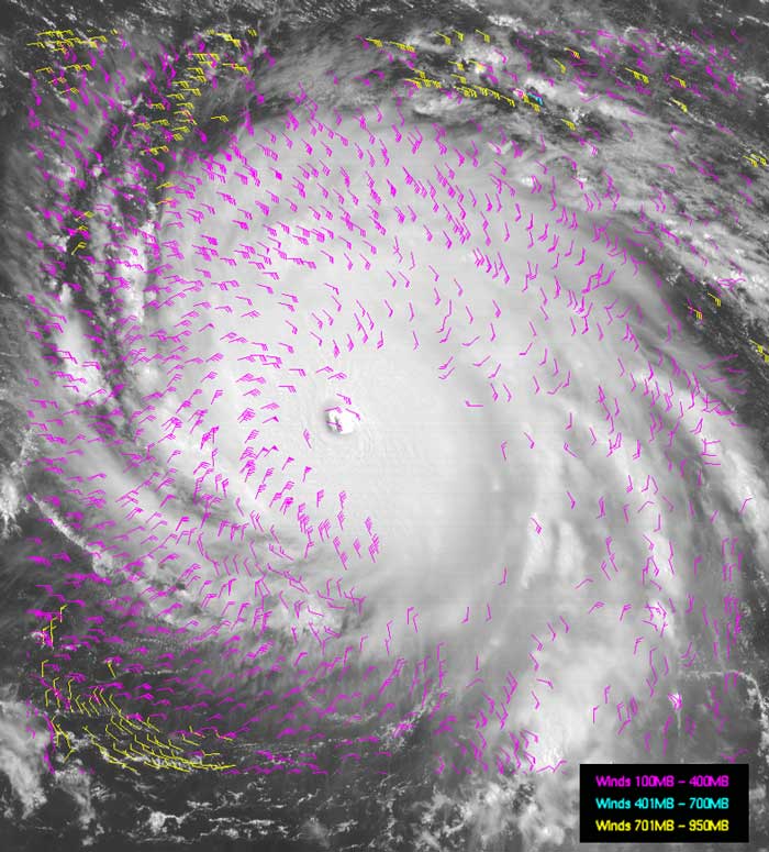 GOES-16 winds generated over Hurricane Irma on September 6, 2017, overlaid on GOES-16 visible imagery.