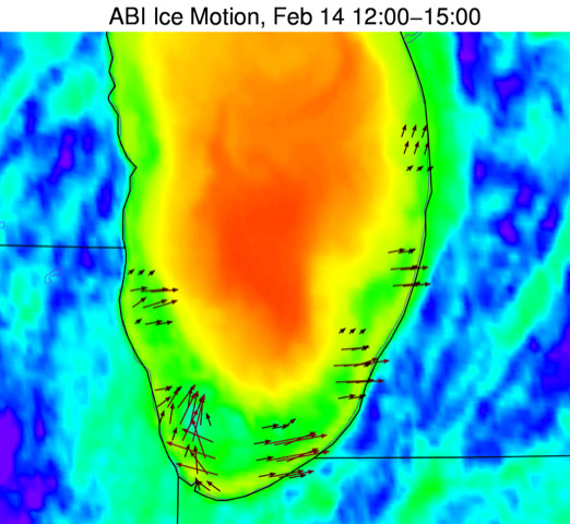 Ice along the southern Lake Michigan shoreline (denoted by arrows) contrasts with the warmer, unfrozen lake water in this GOES-16 infrared imagery. Using a pair of images three hours apart, the ice motion code detected strong eastern/northeastern motion along the lakeshore. 