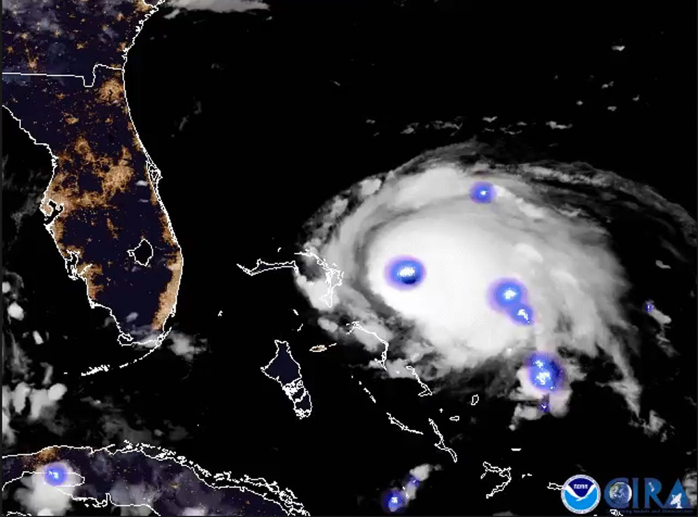 Lightning in the eye and rainbands of Hurricane Dorian on September 1, 2019, captured by GOES-16 (GOES East)
