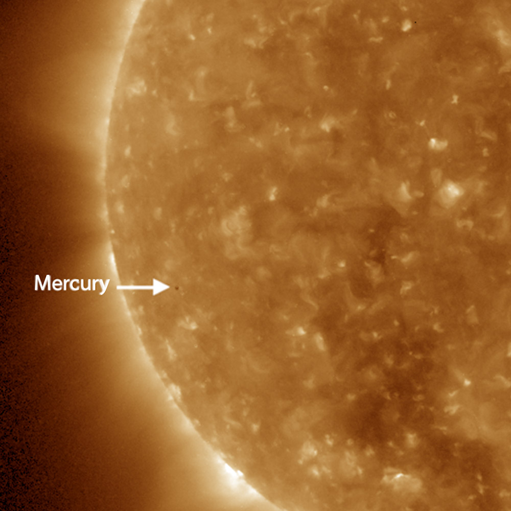  GOES-16 SUVI image of the Mercury transit at 8:00 a.m. EST on November 11, 2019, near the beginning of the transit.