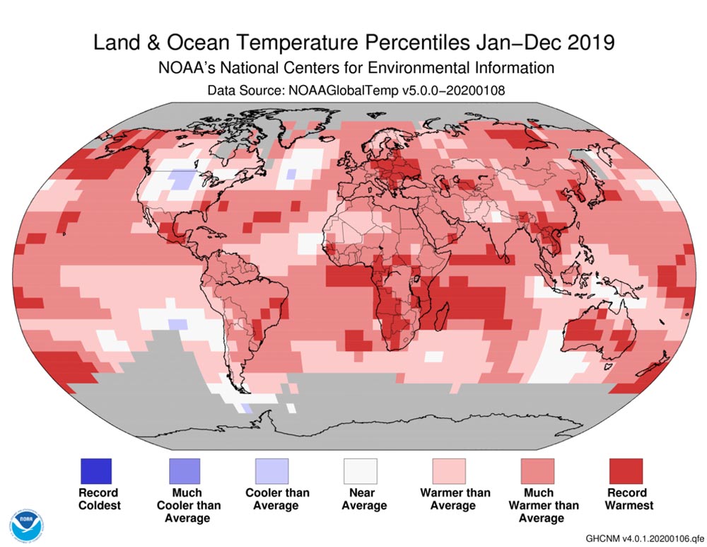 Land and ocean temperature percentiles: Jan – Dec 2019.