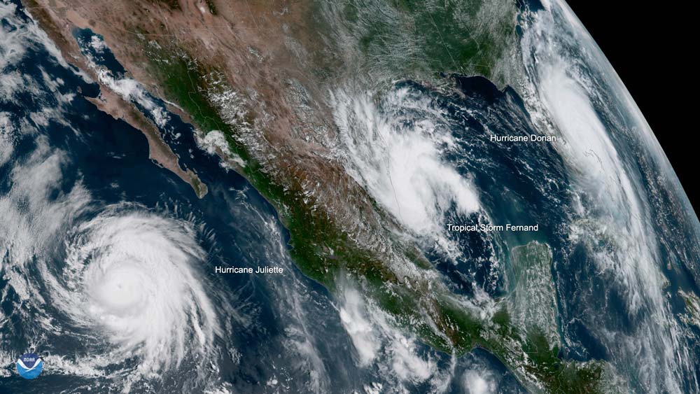 A view from GOES-17 of three tropical systems in the Eastern Pacific and Atlantic basin in September 2019. From left to right, Hurricane Juliette, Tropical Storm Fernand, and Hurricane Dorian.