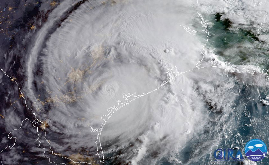 Hurricane Harvey over Texas on August 26, 2017, as seen by GOES-16.