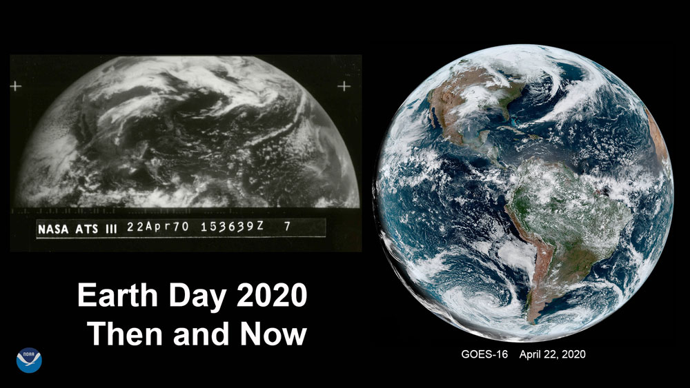 Earth Day then and now. ATS-1 image of Earth from April 22, 1970 (left) and GOES-16 full disk on April 22, 2020 (right).