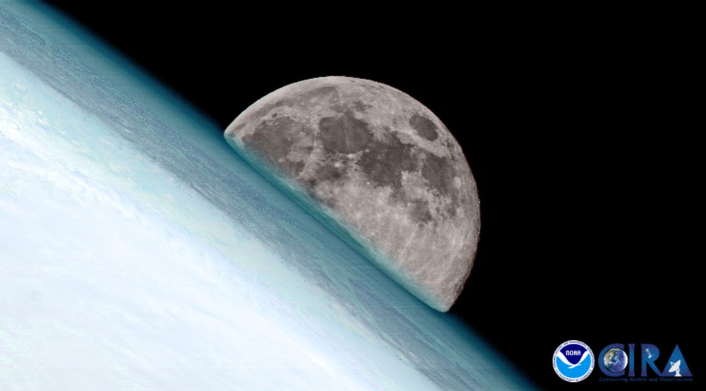 GOES-17 captured the moon rising over the northeast edge of Earth on March 6, 2020