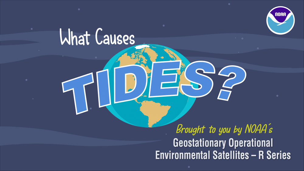 Drawing of Earth as seen from Space against a blue background with ribbons of lighter blue color and the text What Causes Tides?