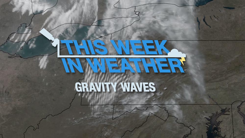 Title slide for video with the text: This Week in Weather: Gravity Waves transposed over a satellite scene of gravity waves over Western Pennsylvania.