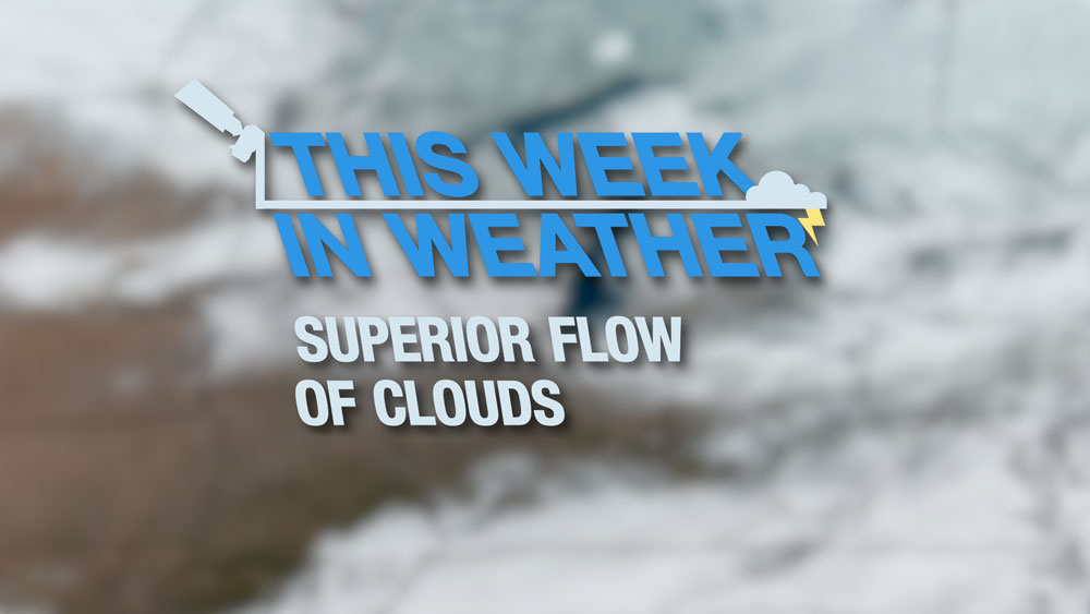 Video title over blurred satellite scene of clouds over Lake Superior