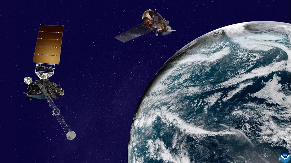 Artist’s rendering of a NOAA GOES satellite (left) and a NOAA JPSS satellite (right) orbiting Earth. Image not to scale.