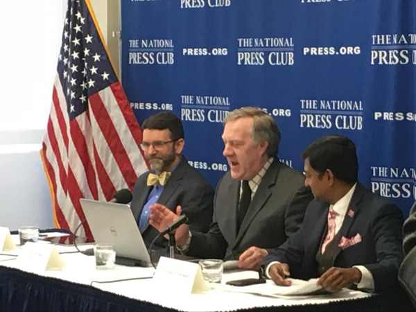 From left, Jeremy Gregory, Ph.D., Gerry Bell, Ph.D, and moderator Ferdous Al-Faruque at the National Press Club on March 5, 2019.