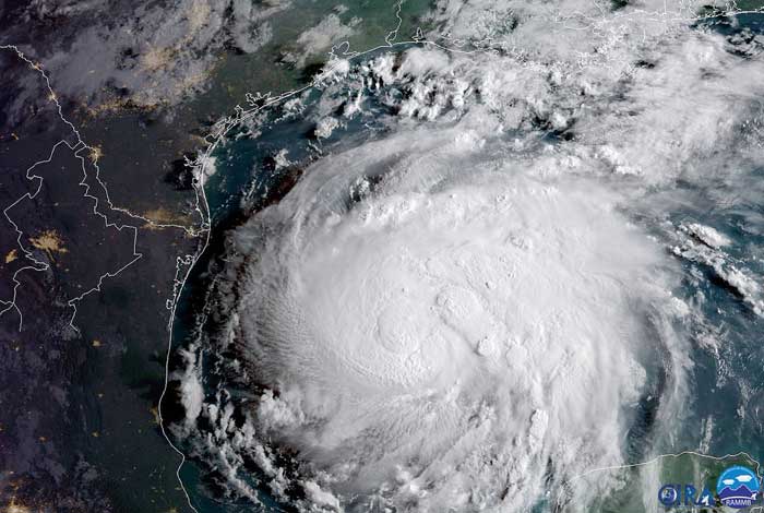 GOES-16 imagery of tropical storm Harvey on August 24, 2017, as it began to organize in the Gulf of Mexico.