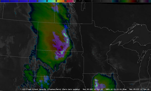 This GOES East GLM imagery shows a high concentration of lightning flashes over the Northern Plains on June 11, 2018. Credit: NOAA Virtual Lab