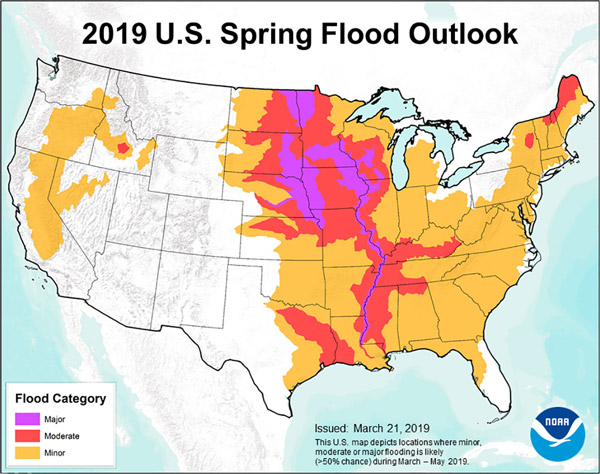 NOAA’s 2019 Spring Flood Outlook map depicts the locations where there is a greater than 50% change of major, moderate or minor flooding March through May 2019.