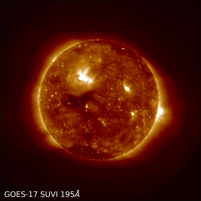 GOES-17 SUVI view of the sun in six extreme ultraviolet wavelengths during a solar flare on May 28, 2018.