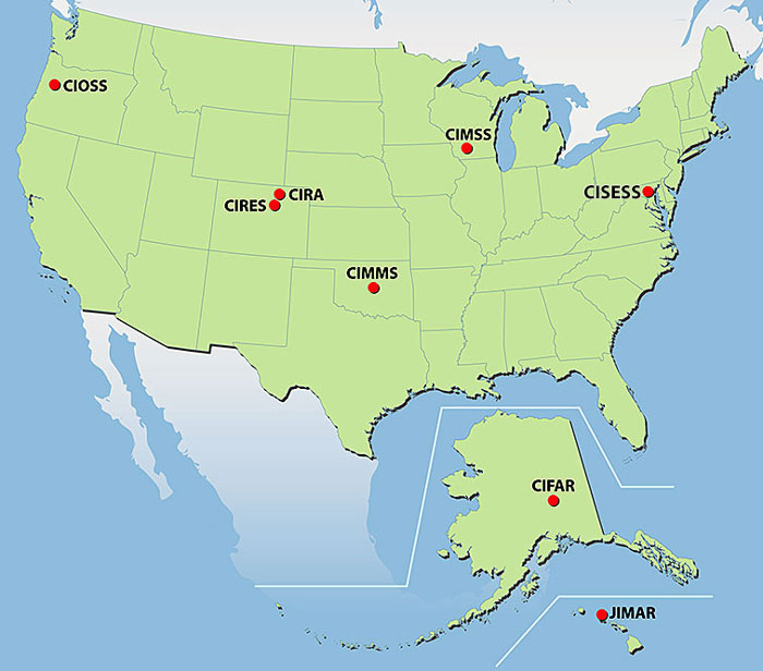 Image of the United States showing locations of the GOES-R Cooperative Institutes