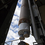 GOES-S Atlas V First Stage Booster Lifted to Vertical On Stand (LVOS) 
