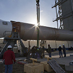 GOES-S Atlas V First Stage Booster Prepared for Lift to Vertical on Stand (LVOS)
