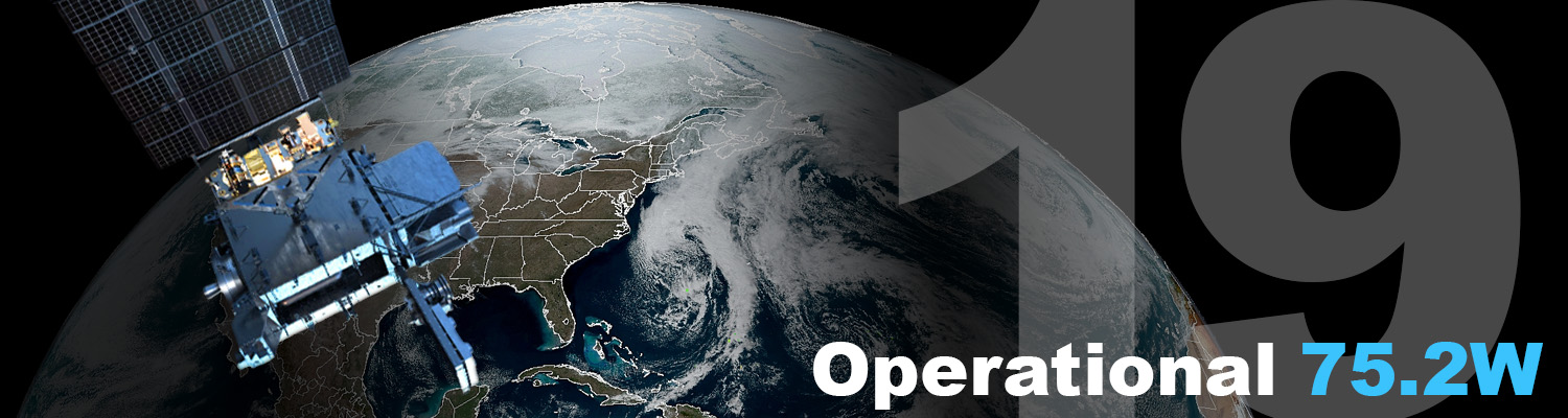 Composite of GOES 19 hovering over GOES East Earth full disk image with the words Operational 75.2W layered over the earth.