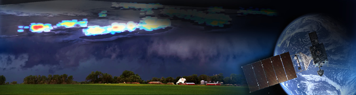  GOES-18 First GLM Data - image show severe storm over farm with GLM data layered over clouds and GOES 18 above the earth